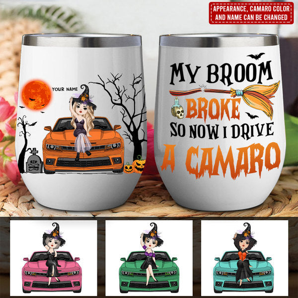 Personalized Jeep Wine Tumbler My Broom Broke So Now I Drive A Camaro Chibi Witch Halloween Vibes CTM 12 OZ Custom - Printyourwear