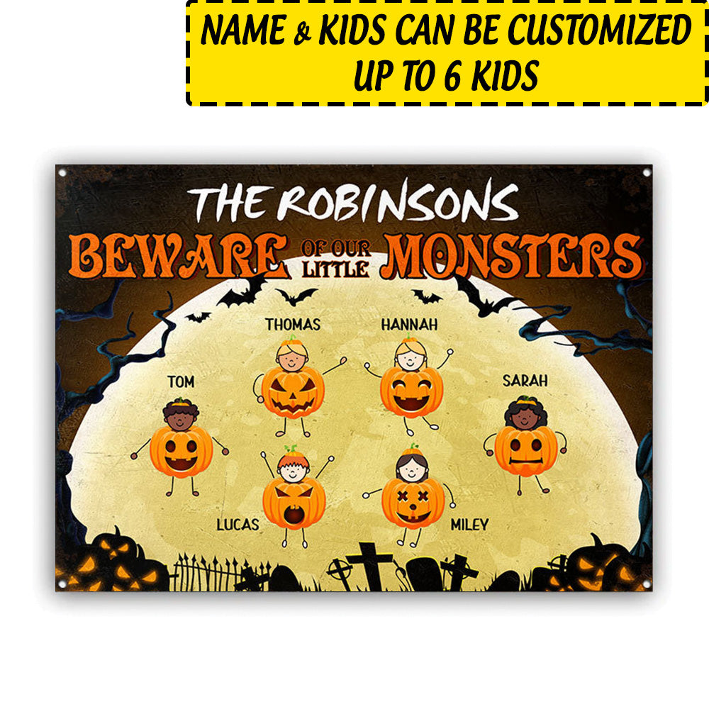 Halloween Personalized Metal Signs Grandkids Beware Of Little Monsters CTM One Size 24x18 inch (60.96x45.72 cm) Custom - Printyourwear