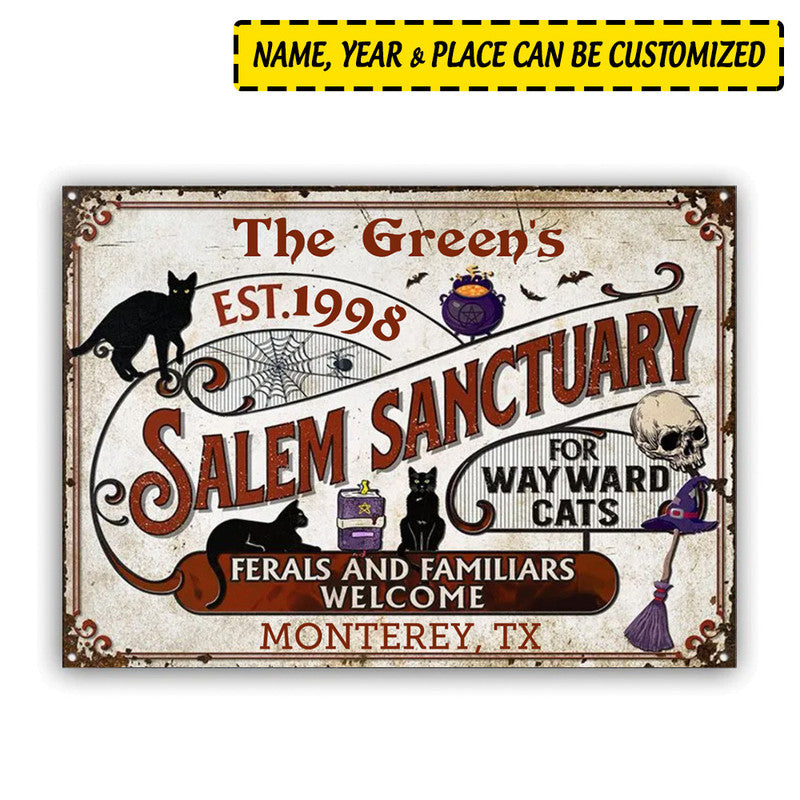 Halloween Personalized Metal Signs Witch Black Cat Salem Sanctuary For Wayward Cats CTM One Size 24x18 inch (60.96x45.72 cm) Custom - Printyourwear