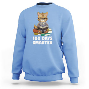 100th Day Of School Sweatshirt 100 Days Smarter Funny Kitty Cat Reading Book TS09 Carolina Blue Printyourwear