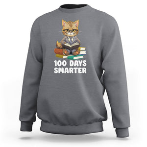 100th Day Of School Sweatshirt 100 Days Smarter Funny Kitty Cat Reading Book TS09 Charcoal Printyourwear