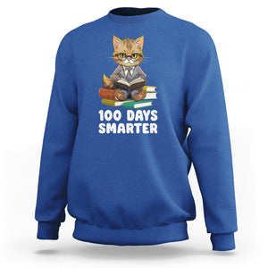 100th Day Of School Sweatshirt 100 Days Smarter Funny Kitty Cat Reading Book TS09 Royal Blue Printyourwear