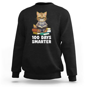 100th Day Of School Sweatshirt 100 Days Smarter Funny Kitty Cat Reading Book TS09 Black Printyourwear