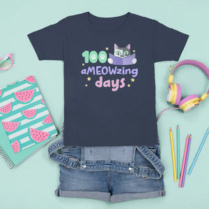 100th Day Of School T Shirt For Kid 100 Ameowzing Days Cute Cat Reading Book TS09 Navy Printyourwear