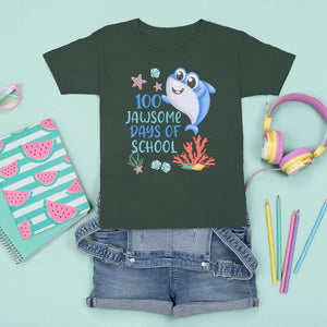 100th Day Of School T Shirt For Kid 100 Jawsome Days Funny Shark TS09 Dark Forest Green Printyourwear