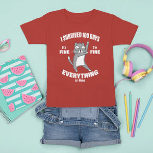100th Day Of School T Shirt For Kid Funny Cat Everything Is Fine I Survived 100 Days TS09 Red Printyourwear