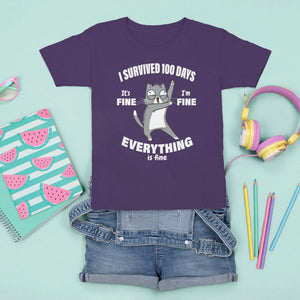 100th Day Of School T Shirt For Kid Funny Cat Everything Is Fine I Survived 100 Days TS09 Purple Printyourwear