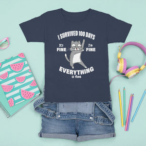 100th Day Of School T Shirt For Kid Funny Cat Everything Is Fine I Survived 100 Days TS09 Navy Printyourwear