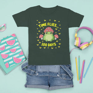 100th Day Of School T Shirt For Kid Time Flies Frog 100 Days TS09 Dark Forest Green Printyourwear