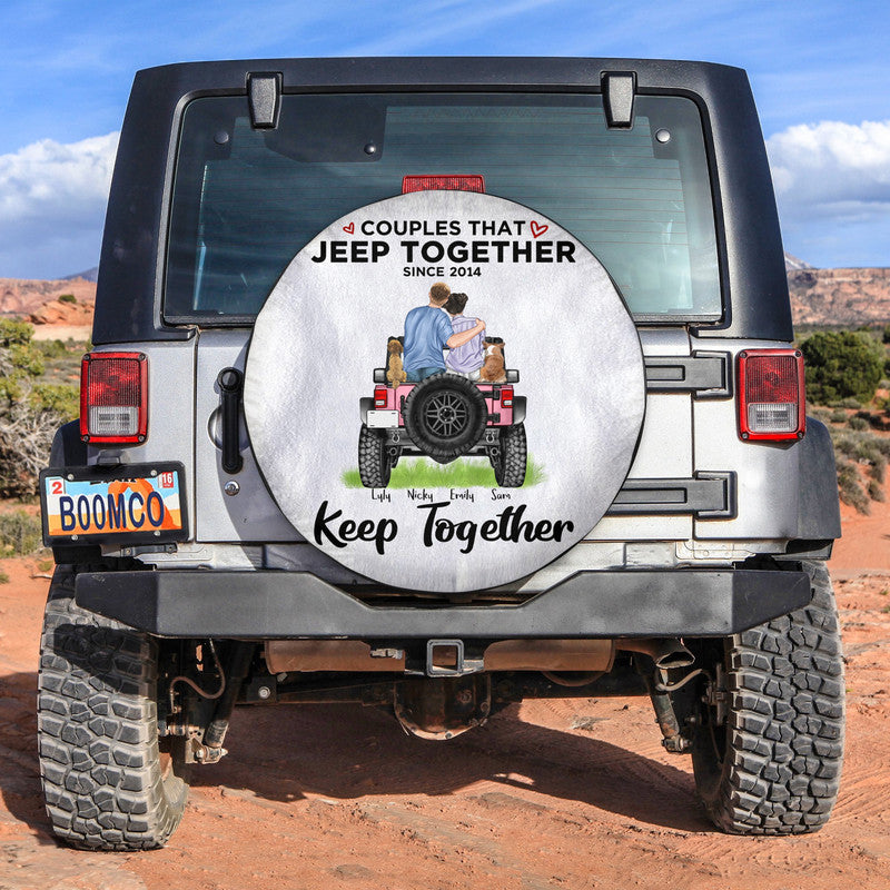 Custom Jeep Tire Cover With Camera Hole, Couples That Off-Road Car Together, Couple And Dog Breeds Spare Tire Cover, Gift For Couples, Jeep Lovers CTM Custom - Printyourwear