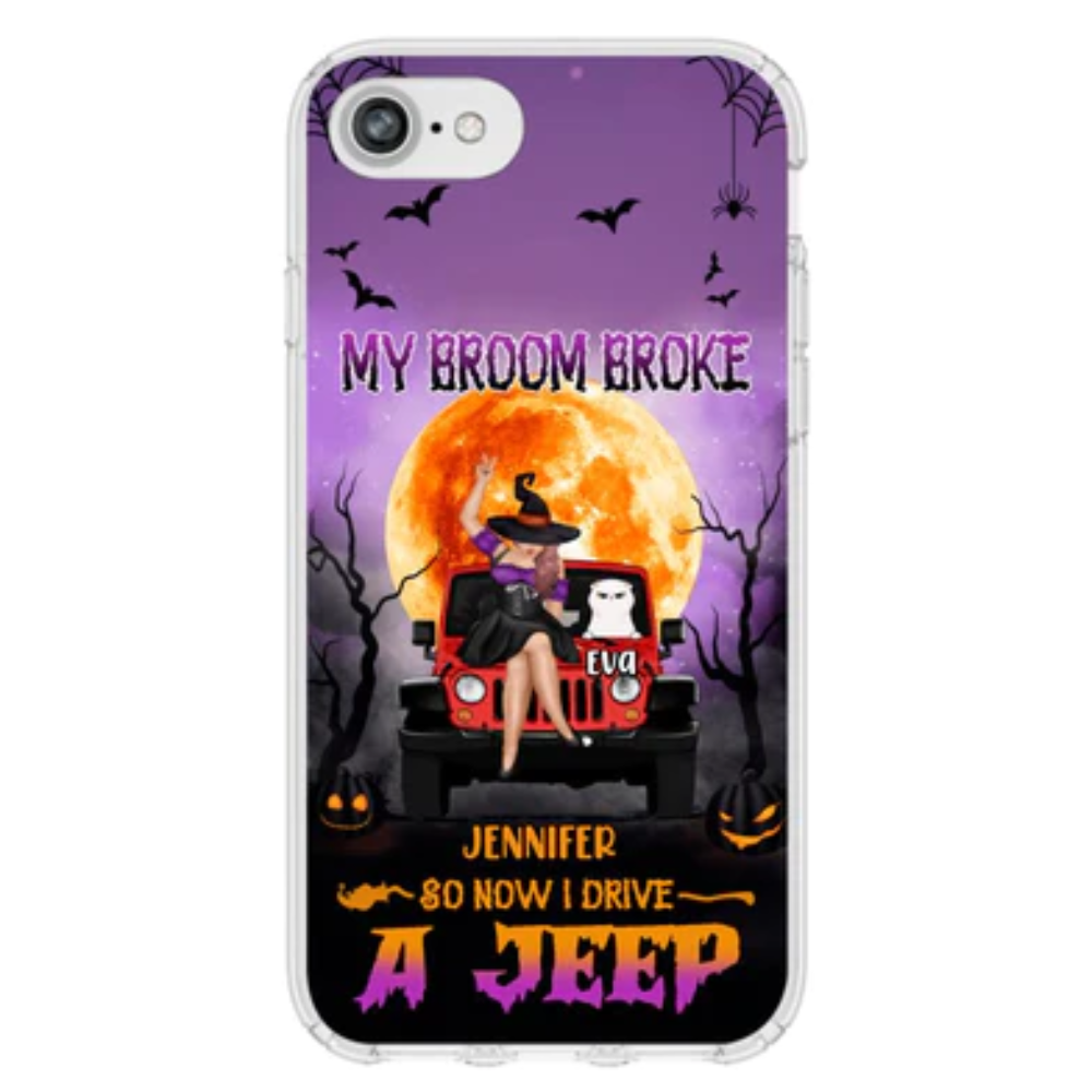 Personalized Jeep Off Road Girl Phone Case My Broom Broke Up To 4 Cats Halloween Gift Idea For Cat Lovers CTM One Size Custom - Printyourwear