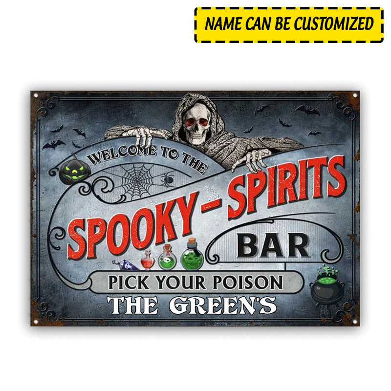 Halloween Personalized Metal Signs Skull Skeleton Goth Halloween Spooky Spirits Bar Pick Poison CTM One Size 24x18 inch (60.96x45.72 cm) Custom - Printyourwear