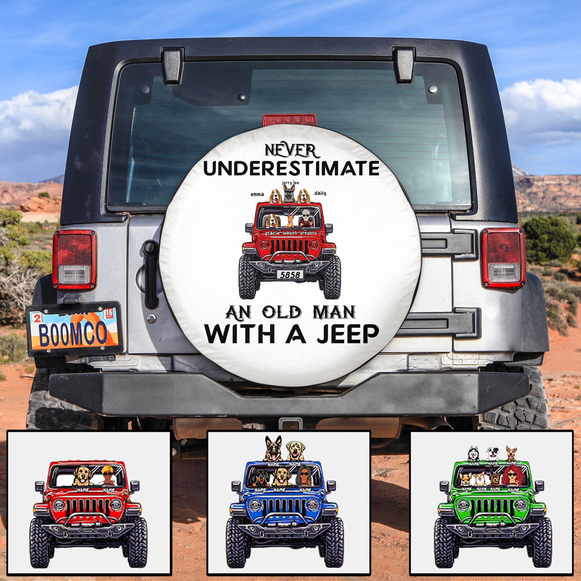Personalized Jeep Tire Cover, Never Underestimate An Old Man Old Lady With A Jeep Dog CTM Custom - Printyourwear