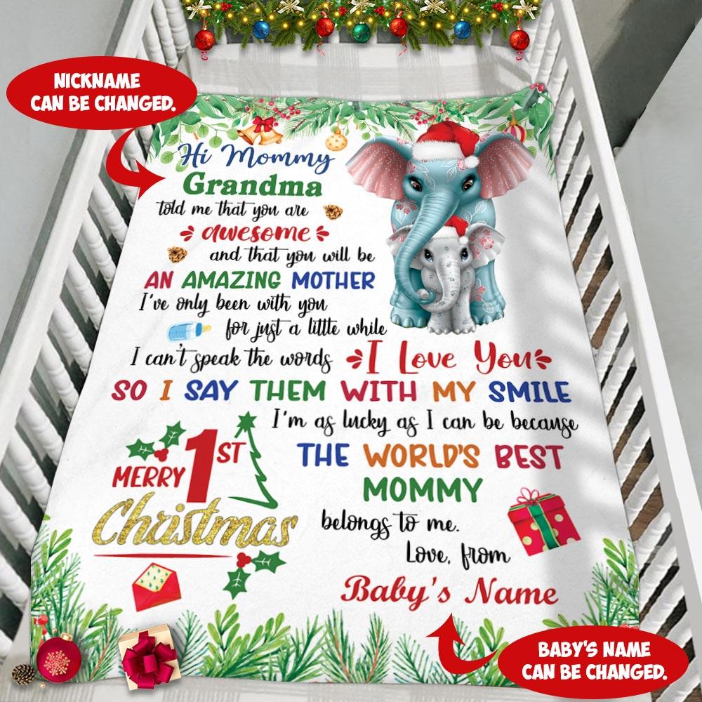 Personalized New Born Gift Grandma Told Me That You Are Awesome Elephant Hug Christmas Premium Blanket CTM Custom - Printyourwear