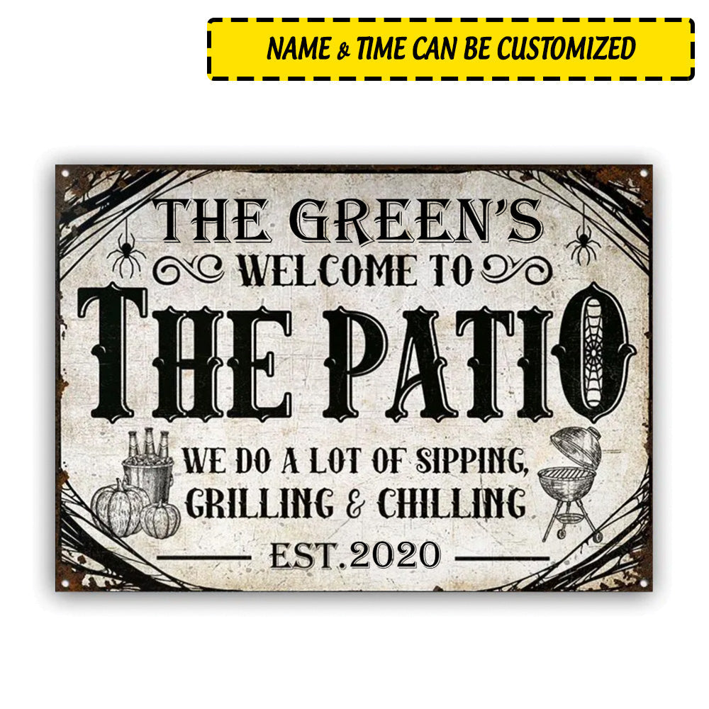 Halloween Personalized Metal Signs Patio Halloween Sipping Grilling Chilling CTM One Size 24x18 inch (60.96x45.72 cm) Custom - Printyourwear