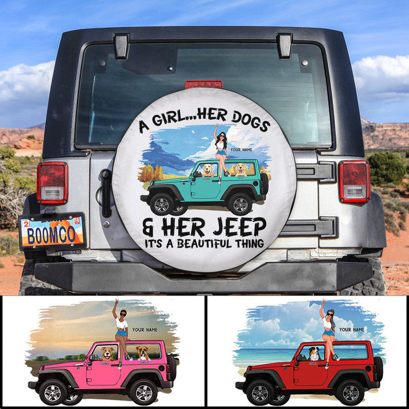 Custom Jeep Tire Cover With Camera Hole, Jeep Girl And Her Dogs Its A Beautiful Thing Spare Tire Cover CTM Custom - Printyourwear