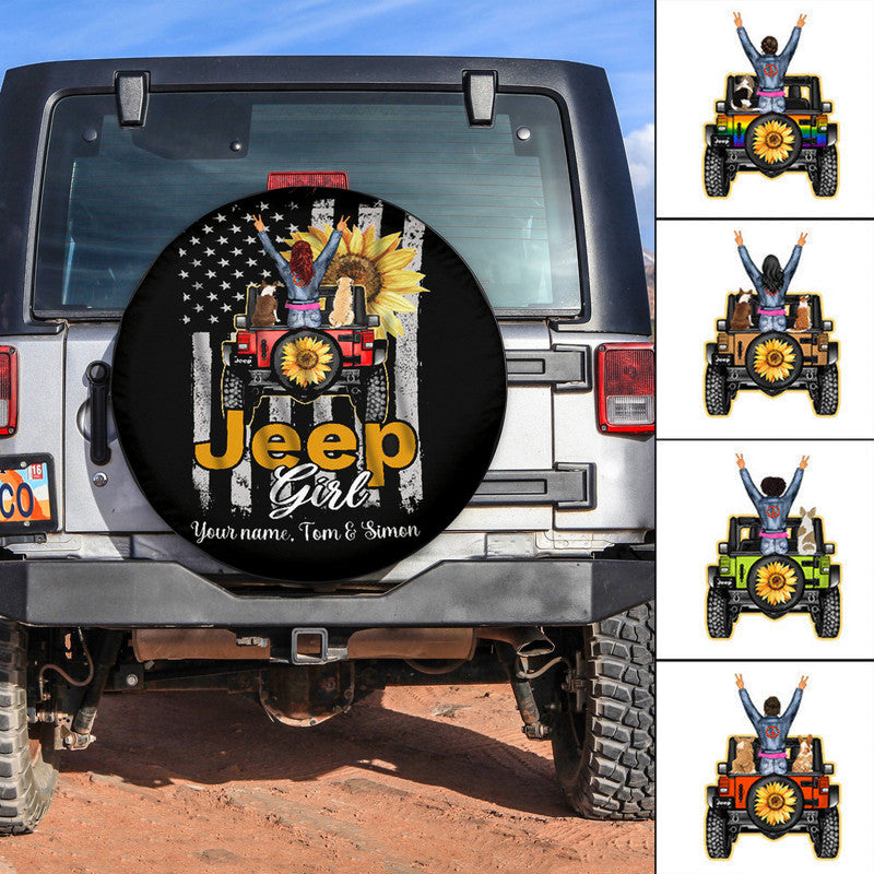 Custom Jeep Tire Cover With Camera Hole, Jeep Girl and Dogs Spare Tire Cover with Vintage American Flag CTM Custom - Printyourwear