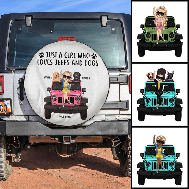 Custom Jeep Tire Cover With Camera Hole, Just A Girl Who Loves Jeeps And Dogs Chibi Jeep Girl Spare Tire Cover CTM Custom - Printyourwear