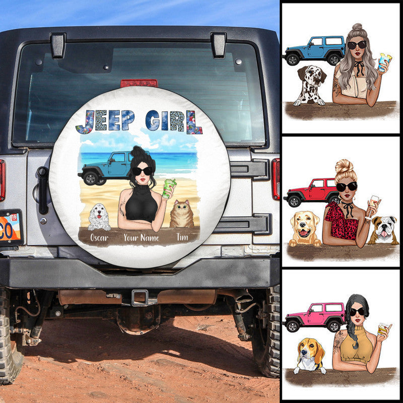 Custom Jeep Tire Cover With Camera Hole, Jeep Girl And Her Dogs Simple Style Spare Tire Cover CTM Custom - Printyourwear