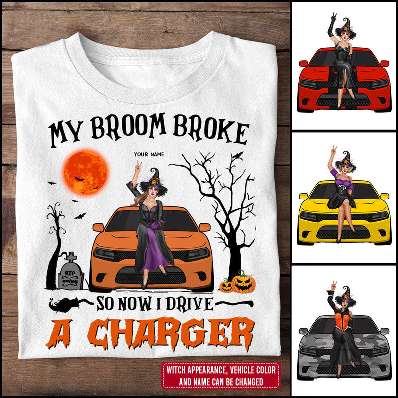 Custom Jeep Tee Shirts My Broom Broke So Now I Drive A Charger Halloween Vibes CTM Custom - Printyourwear