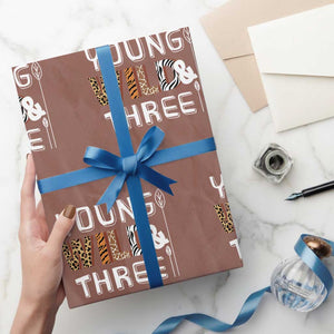 3rd Birthday Wrapping Paper Roll Young Wild And Three Safari Zoo Party TS10 Mocha Print Your Wear