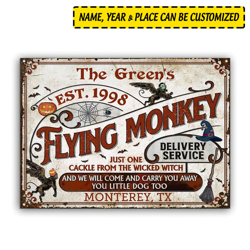 Halloween Personalized Metal Signs Witch Flying Monkey Delivery Service Red CTM One Size 24x18 inch (60.96x45.72 cm) Custom - Printyourwear