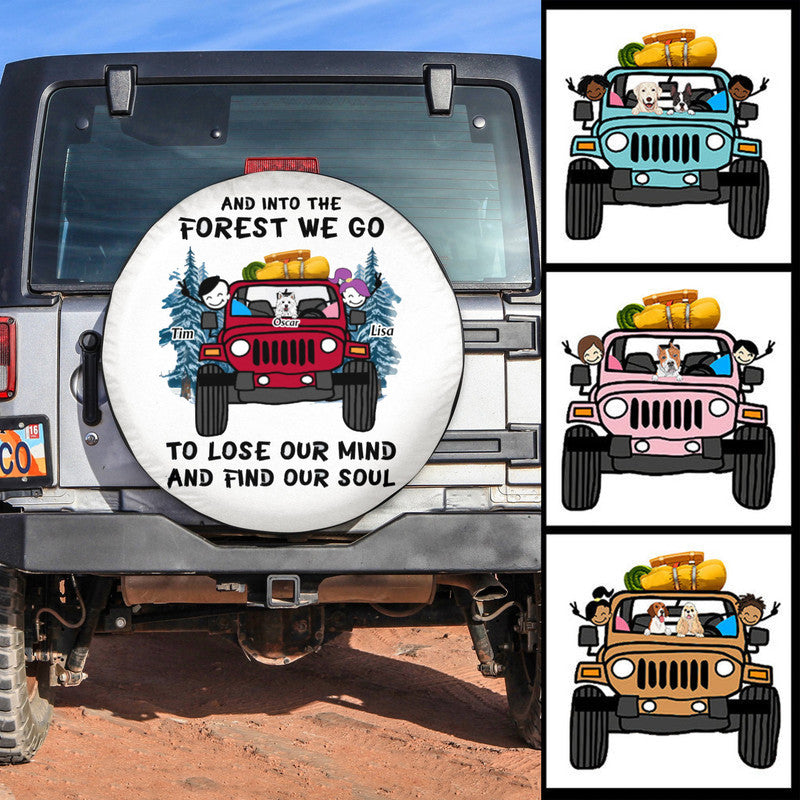 Custom Jeep Tire Cover With Camera Hole, Camping Jeep Dog Girl And Into The Forest Spare Tire Cover CTM Custom - Printyourwear