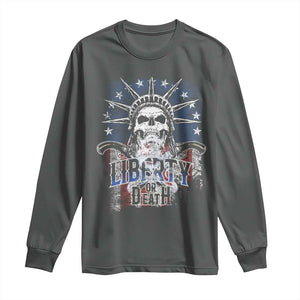 4th Of July Liberty Or Death Long Sleeve Shirt Statue Of Liberty Skull American Flag TS11 Dark Heather Print Your Wear