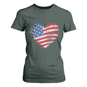 4th of July American Flag Heart USA Patriotic T Shirt For Women Star Stripes TS11 Dark Forest Green Print Your Wear