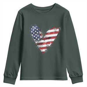 4th of July American Flag Heart USA Patriotic Youth Sweatshirt TS11 Dark Forest Green Print Your Wear