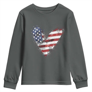 4th of July American Flag Heart USA Patriotic Youth Sweatshirt TS11 Dark Heather Print Your Wear