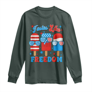 4th of July American Flag Popsicle Long Sleeve Shirt Tastes Like Freedom Patriotic Funny TS10 Dark Forest Green Print Your Wear