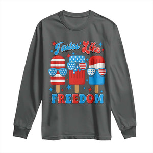 4th of July American Flag Popsicle Long Sleeve Shirt Tastes Like Freedom Patriotic Funny TS10 Dark Heather Print Your Wear