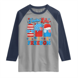 4th of July American Flag Popsicle Raglan Shirt Tastes Like Freedom Patriotic Funny TS10 Sport Gray Navy Print Your Wear