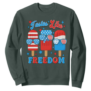 4th of July American Flag Popsicle Sweatshirt Tastes Like Freedom Patriotic Funny TS10 Dark Forest Green Print Your Wear