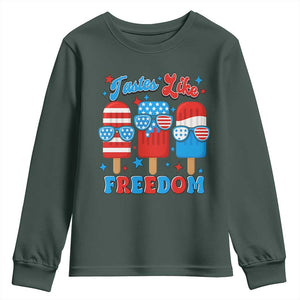 4th of July American Flag Popsicle Youth Sweatshirt Tastes Like Freedom Patriotic Funny TS10 Dark Forest Green Print Your Wear