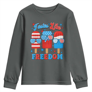 4th of July American Flag Popsicle Youth Sweatshirt Tastes Like Freedom Patriotic Funny TS10 Dark Heather Print Your Wear