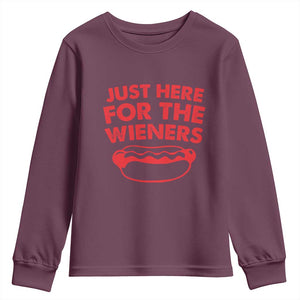 4th of July Just Here For The Wieners Youth Sweatshirt Funny Hot Dog Independence Day Patriotic Weenies TS10 Maroon Print Your Wear