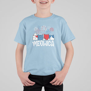 4th Of July Cat Lover T Shirt For Kid Meowica Patriotic American Flag Fireworks TS09 Light Blue Print Your Wear