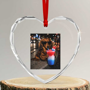 4th Of July Dachshund Drinking Slushie Heart Crystal Glass Ornament Patriotic 250 Anniversary USA Dog Lovers Funny Meme