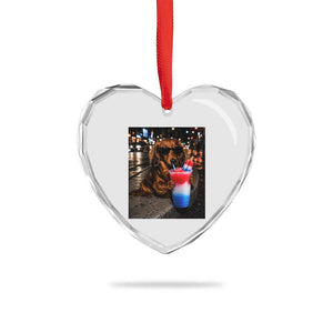 4th Of July Dachshund Drinking Slushie Heart Crystal Glass Ornament Patriotic 250 Anniversary USA Dog Lovers Funny Meme