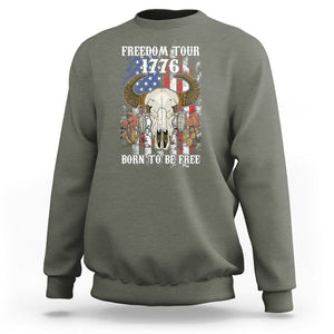 4th of July Freedom Tour Sweatshirt 1776 Born To Be Free Patriotic Buffalo Skull American Flag TS02 Military Green Print Your Wear
