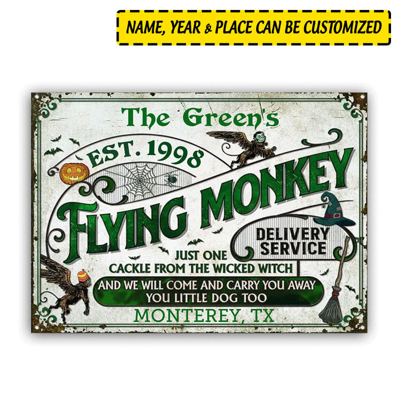 Halloween Personalized Metal Signs Witch Flying Monkey Delivery Service Green CTM One Size 24x18 inch (60.96x45.72 cm) Custom - Printyourwear