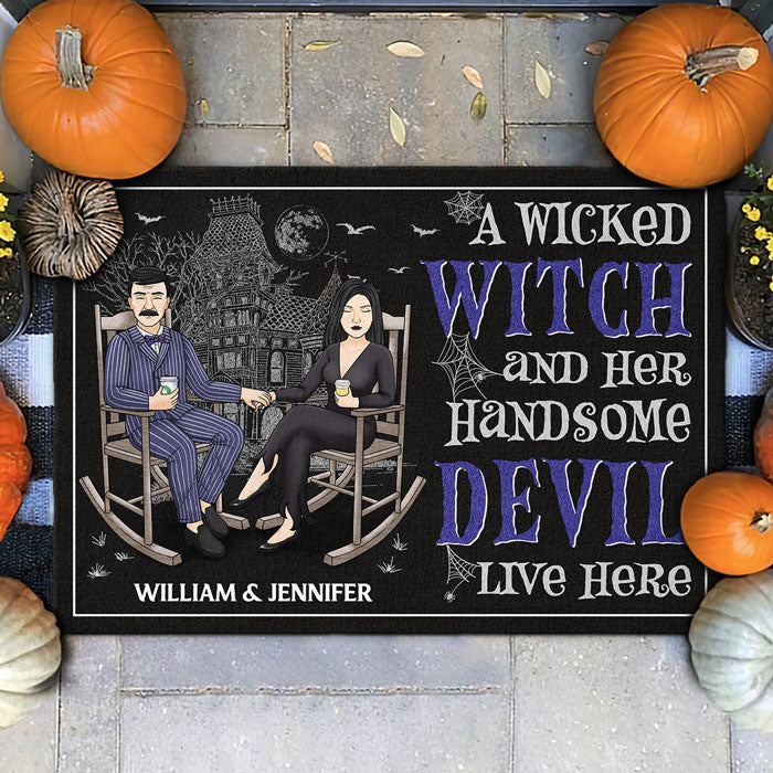 Personalized Halloween Doormat A Wicked Witch and Handsome Devil CTM Custom - Printyourwear