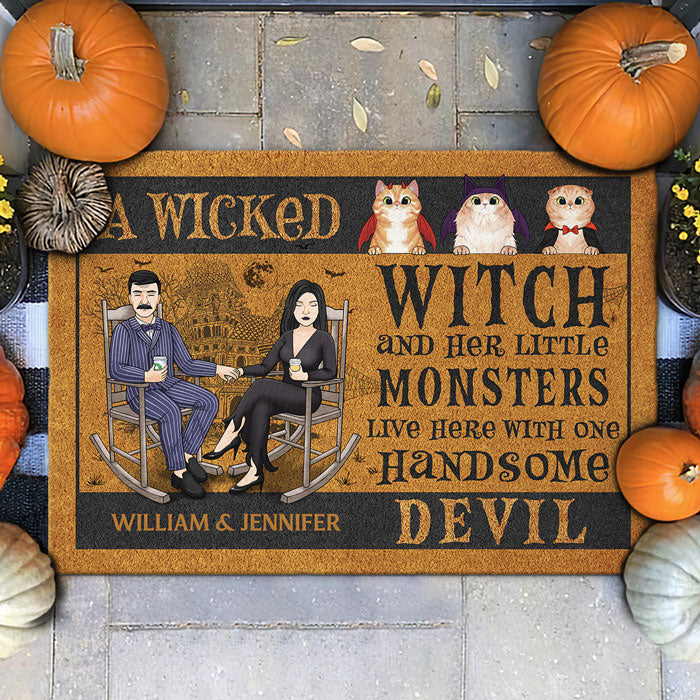Custom Halloween Doormat A Wicked Witch and Her Little Monsters Live Here With One Handsome Devil CTM Custom - Printyourwear
