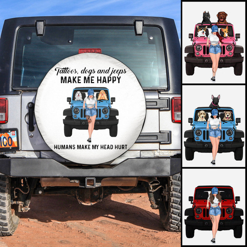 Custom Jeep Tire Cover With Camera Hole, Tattoos Dogs And Jeeps Make Me Happy Spare Tire Cover CTM Custom - Printyourwear