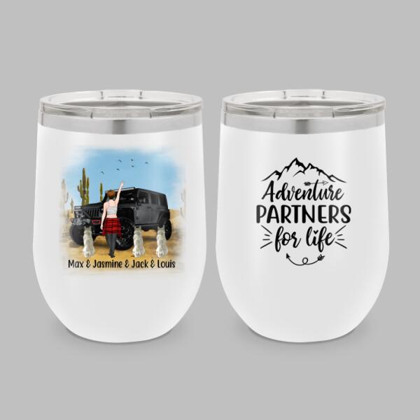 Personalized Jeep Wine Tumbler, Adventure Girl With Cats and Dogs, Gift For Dogs and Car Lovers CTM 12 OZ Custom - Printyourwear