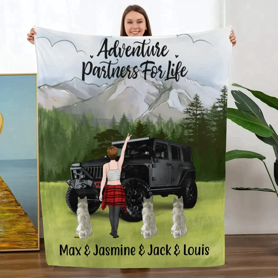 Personalized Jeep Blanket Adventure Girl With Cats and Dogs, Gift For Dogs and Car Lovers CTM Custom - Printyourwear