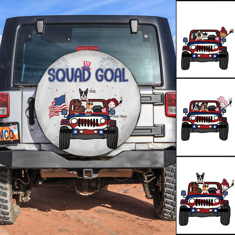 Custom Jeep Tire Cover With Camera Hole, Squad Goal 4th Of July Jeep And Girl Dog Spare Tire Cover CTM Custom - Printyourwear