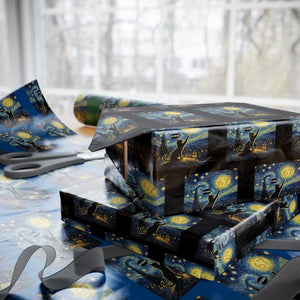67 Cat Meme Wrapping Paper Roll Funny Six Seven Cat Starry Night Van Gogh TS14 Black Print Your Wear